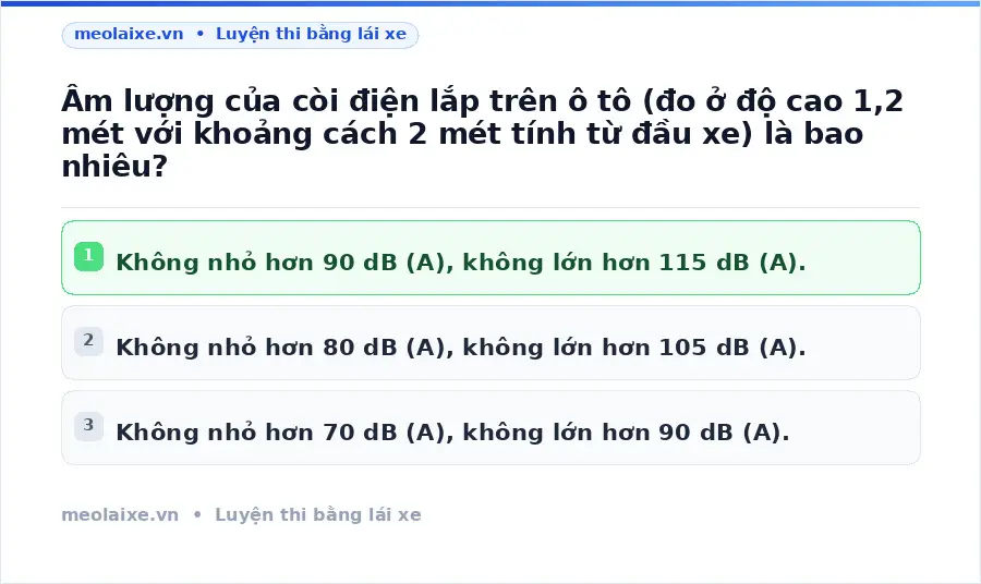 Âm lượng của còi điện lắp trên ô tô (đo ở độ cao 1,2 mét với khoảng cách 2 mét tính từ đầu xe) là bao nhiêu?