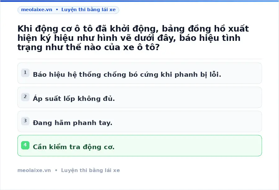 Khi động cơ ô tô đã khởi động, bảng đồng hồ xuất hiện ký hiệu như hình vẽ dưới đây, báo hiệu tình trạng như thế nào của xe ô tô?