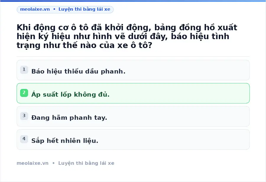 Khi động cơ ô tô đã khởi động, bảng đồng hồ xuất hiện ký hiệu như hình vẽ dưới đây, báo hiệu tình trạng như thế nào của xe ô tô?