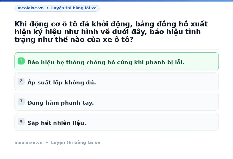 Khi động cơ ô tô đã khởi động, bảng đồng hồ xuất hiện ký hiệu như hình vẽ dưới đây, báo hiệu tình trạng như thế nào của xe ô tô?