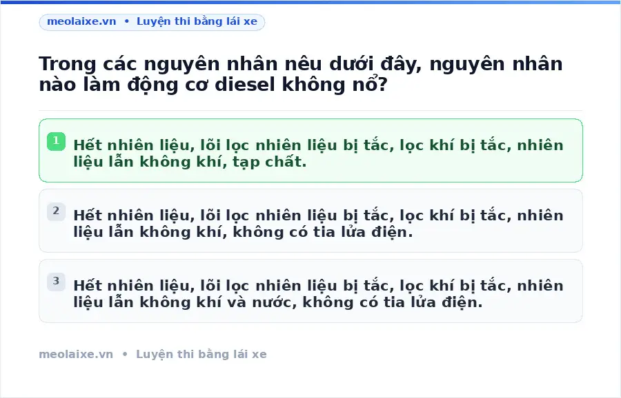 Trong các nguyên nhân nêu dưới đây, nguyên nhân nào làm động cơ diesel không nổ?